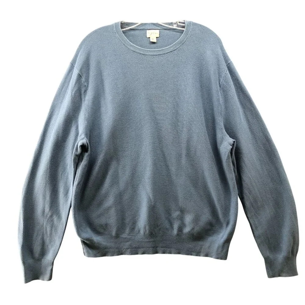 J. Crew Cotton Crewneck Sweater Mens XL Garter Stitch Blue‎ Pullover